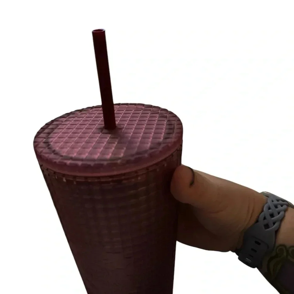 New Starbucks Dusty Rose Pink Berry Shimmer Grid Cold Cup Tumbler 24 oz Venti - Picture 3 of 5